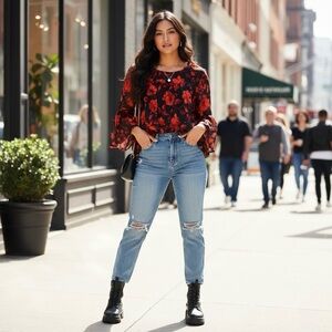 A new day long ruffle sleeve flower detail sheer blouse M